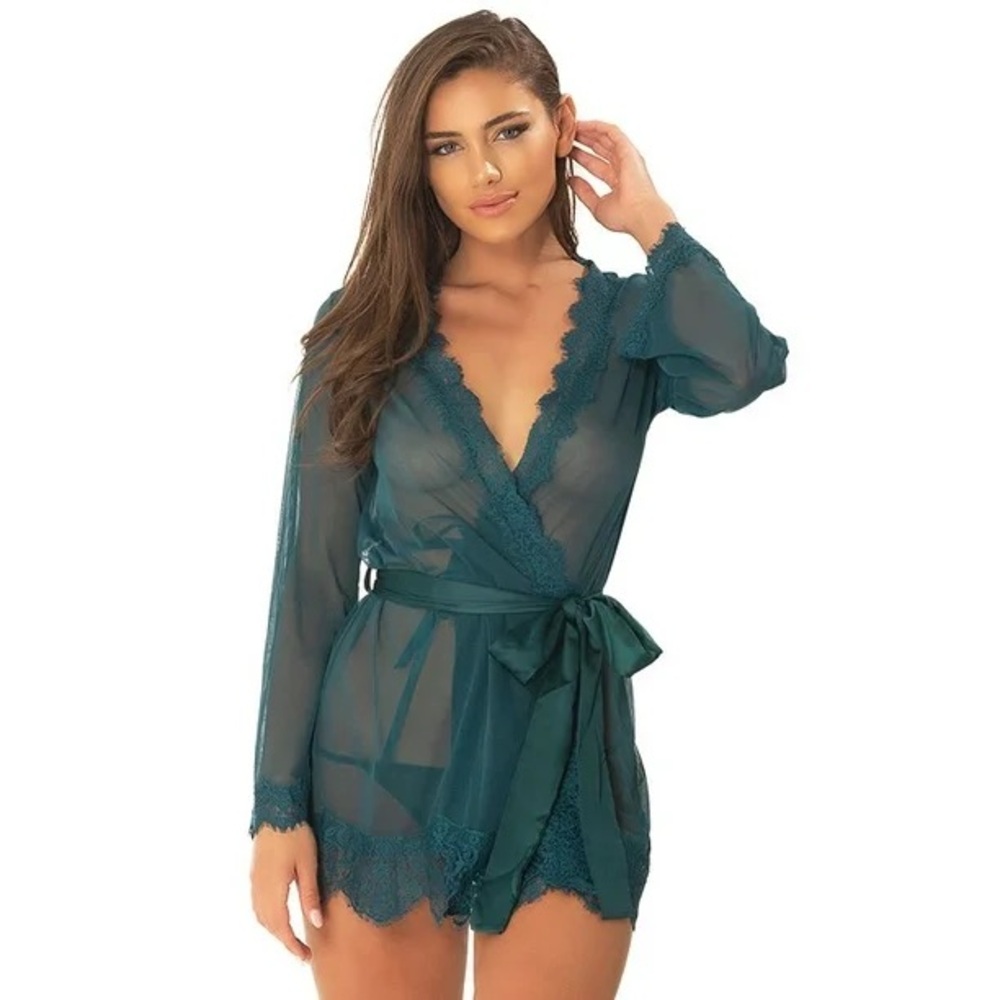 Ooh LaLa Cheri Paris NWT Deep Teal Lingerie Set with Eyelash Lace Robe and Thong